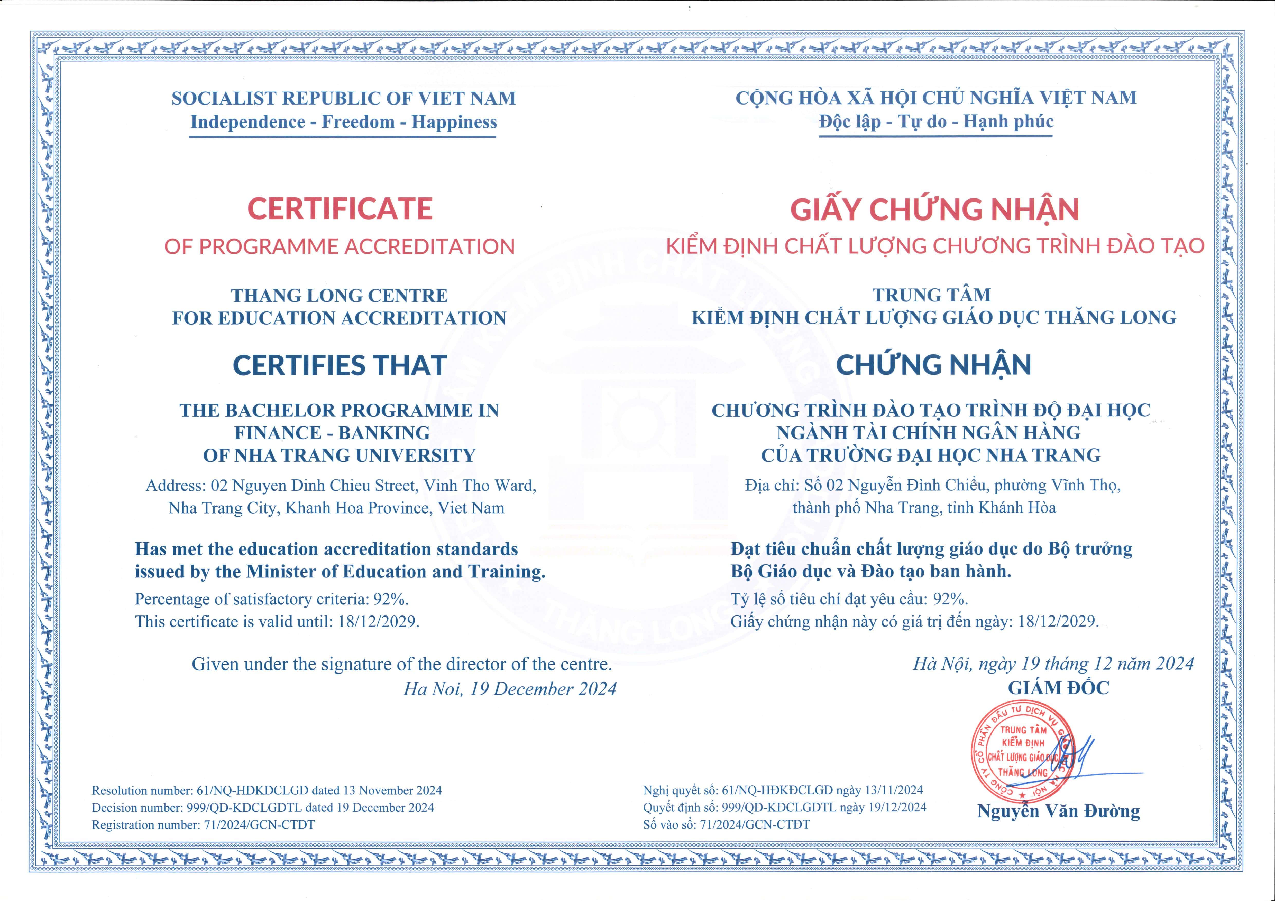 CTĐT Ngành TCNH được Công nhận đạt tiêu chuẩn chất lượng và được cấp Giấy chứng nhận kiểm định chất lượng CTĐT