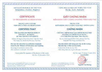 CTĐT Ngành TCNH được Công nhận đạt tiêu chuẩn chất lượng và được cấp Giấy chứng nhận kiểm định chất lượng CTĐT